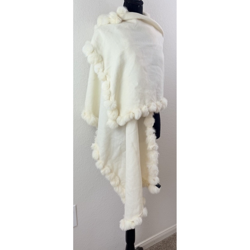 Valerie Stevens Wool Blend Wrap Ivory Rabbit Fur Pom Pom Trim Shawl Cape Stole